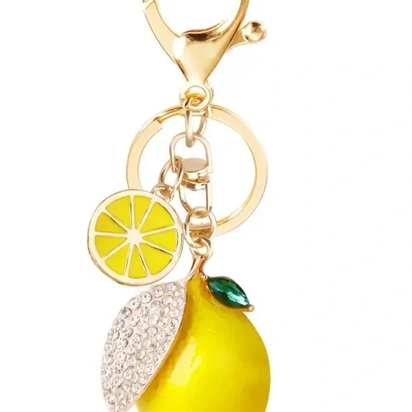 Alloy Lemon Keychain with Rhinestone Accents, Decorative Fruit - Picture 4 of 7